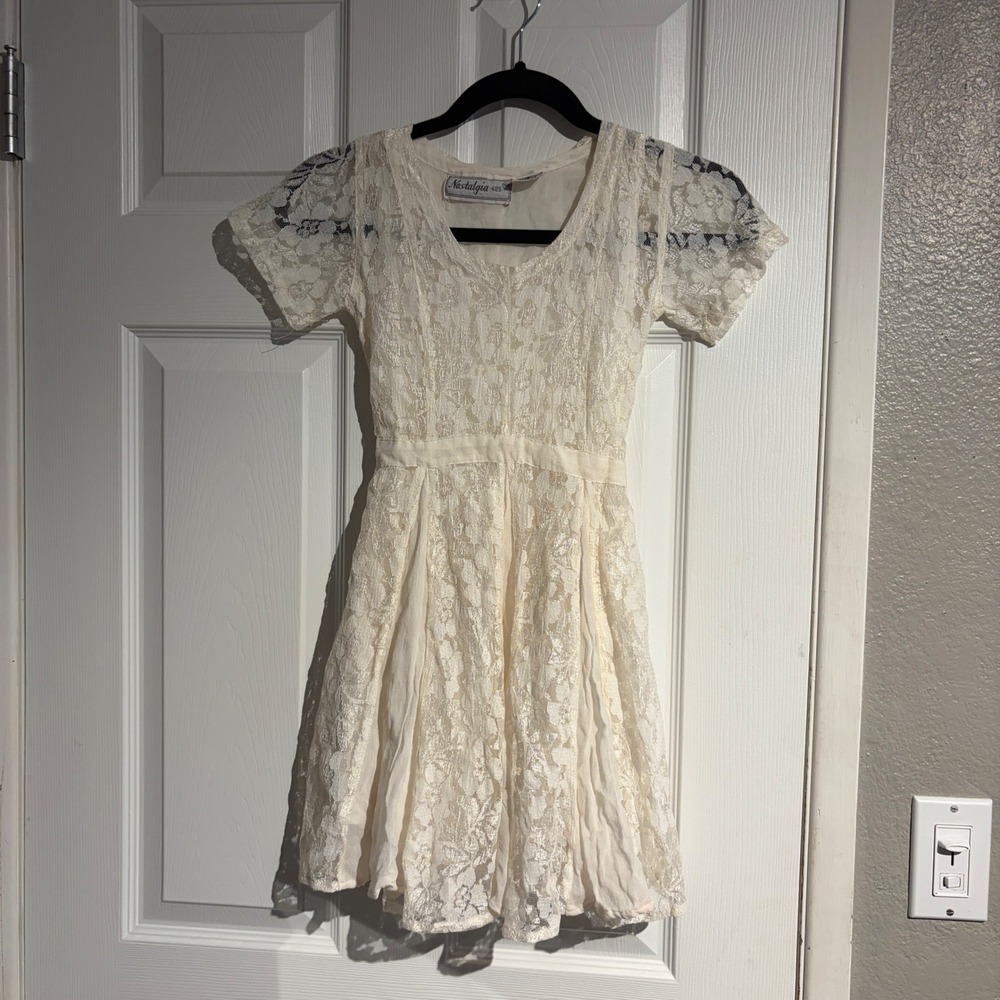 Nostalgia Kids Cream Lace Short Sleeve Dress Vintage Style Ivory Size S